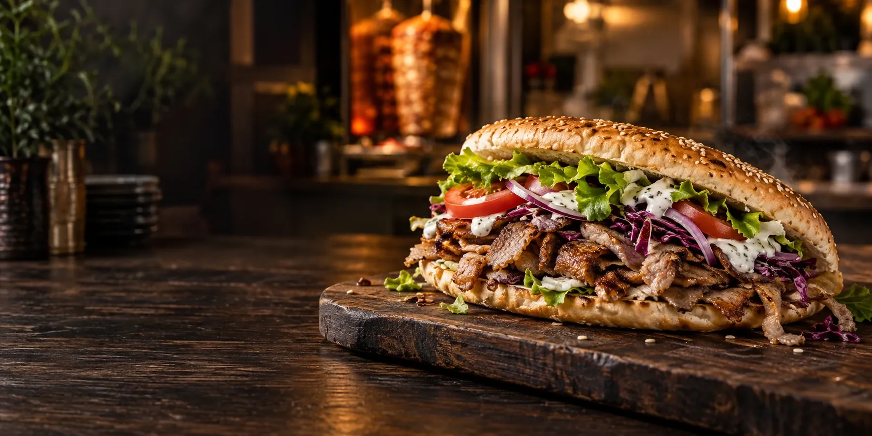 Döner im Sesambrot auf dunklem Holz im warmen Licht, KI-generierter Serviervorschlag